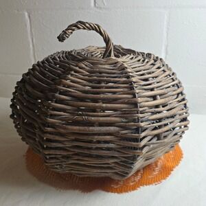 Rustic Woven Wicker Pumpkin Decorative Basket Dark Brown Fall Harvest Decor